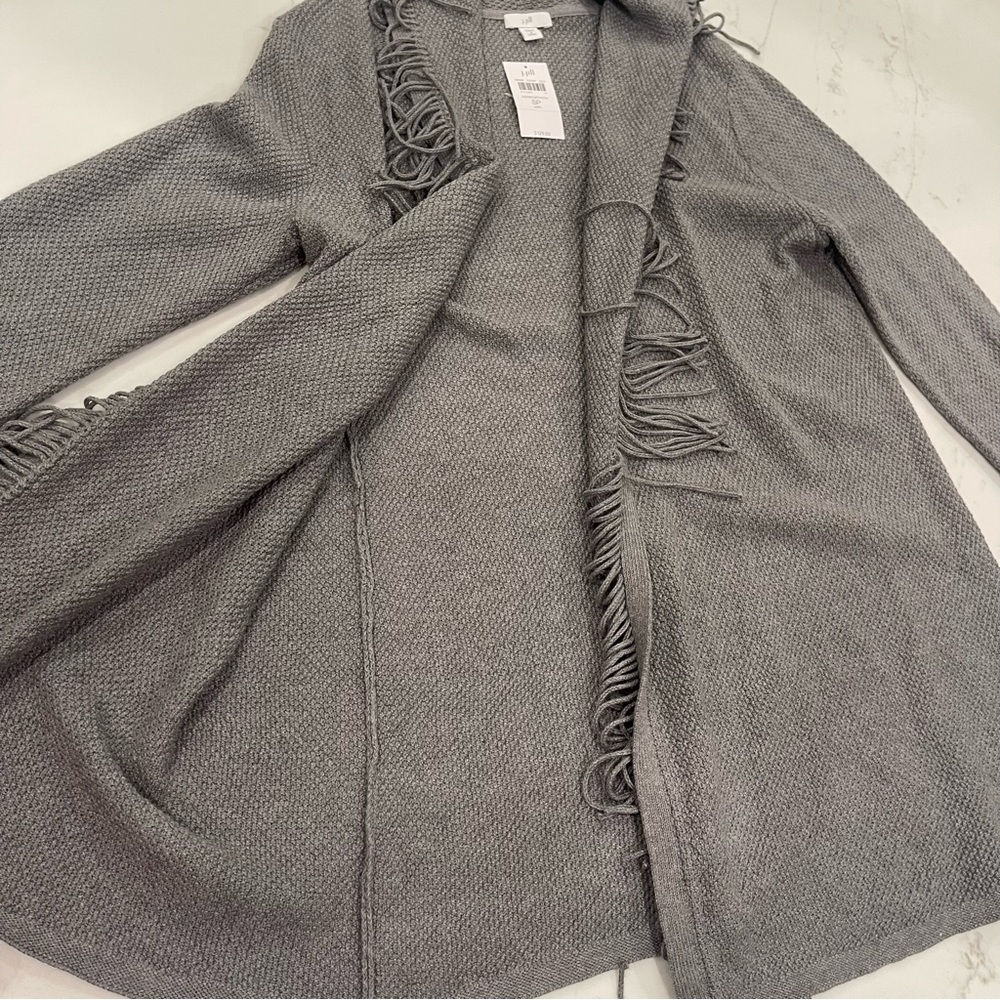 NWT J.Jill dark grey fringe long sleeve hooded duster - Picture 7 of 13